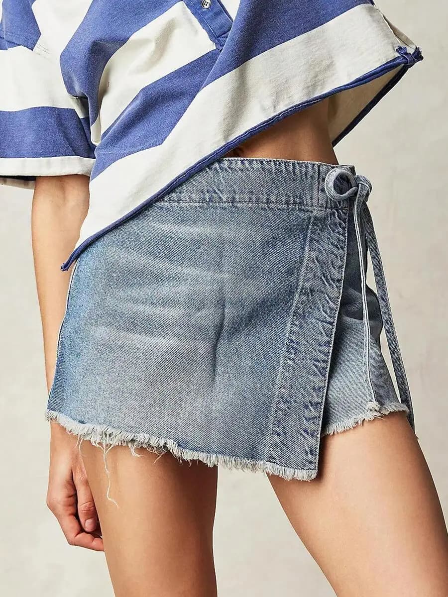 Women Denim Mini Skirt High Waisted Stretch Asymmetrical Faux Wrap Short With Frayed Hem Tie Side