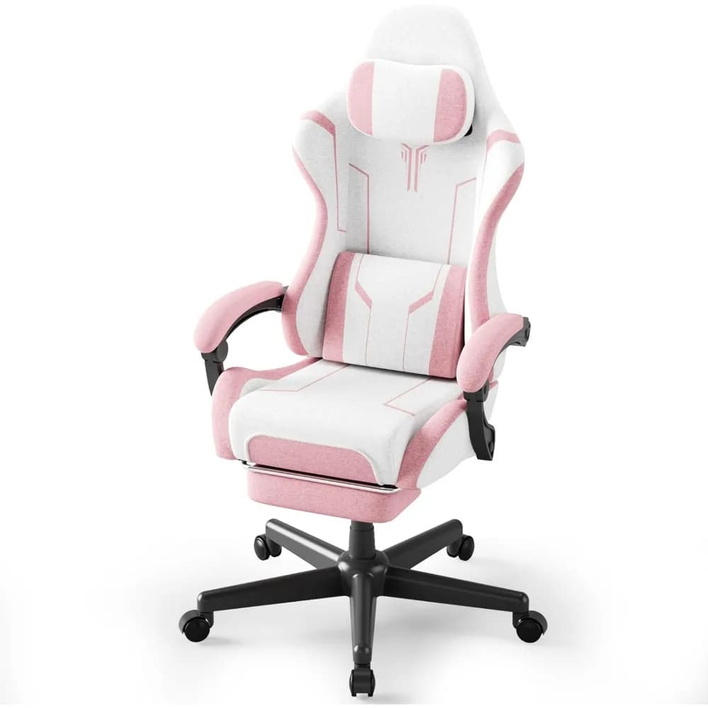 Soontrans Sedia da gaming rosa, sedia da computer ergonomica in tessuto di stoffa con supporto lombare per massaggi, sedia da gioco da ufficio con schienale alto
