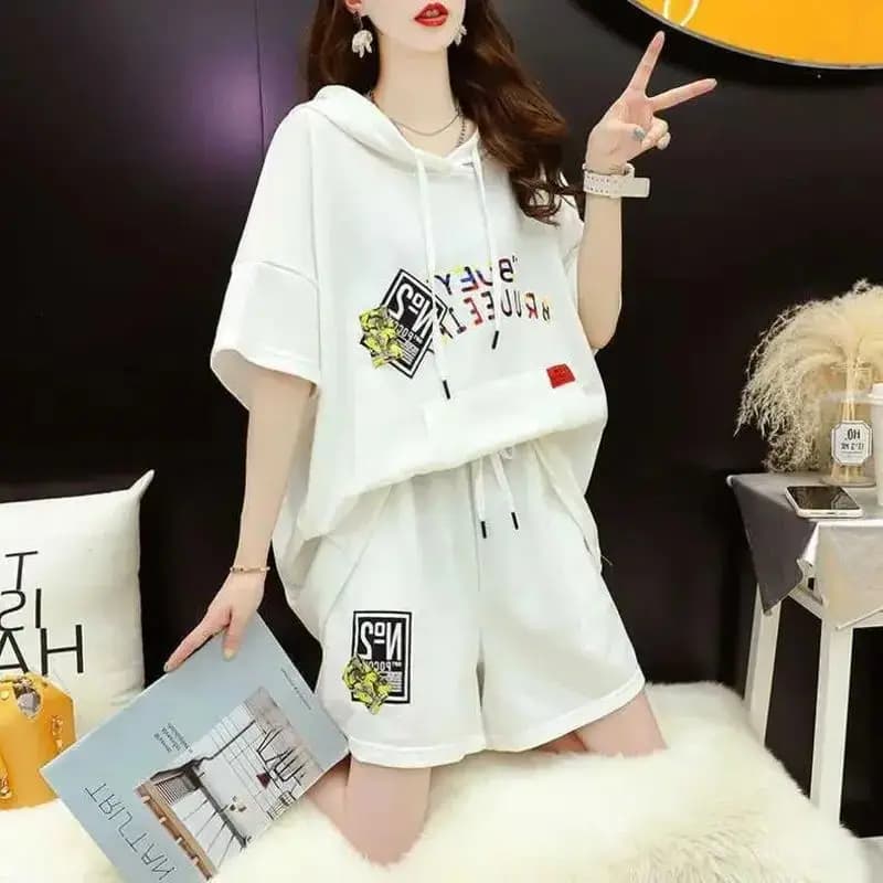 Women's Casual Suit 2025 Summer New Large Cotton Hooded Short-Sleeved Tops And Shorts Two Piece Set Household Plus Size Clothing