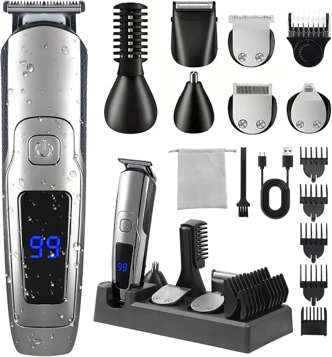Men's Rulebarba Kit: 20 Settings, Waterproof, Wireless with Personal Care Travel Bag
