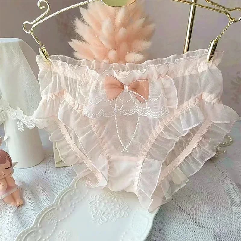 Women Sexy Mesh Thin Transparent Ruffles Bow Underwear Cute Lovely Sweety Princess Style Breathable Quick Drying Panties Breifs