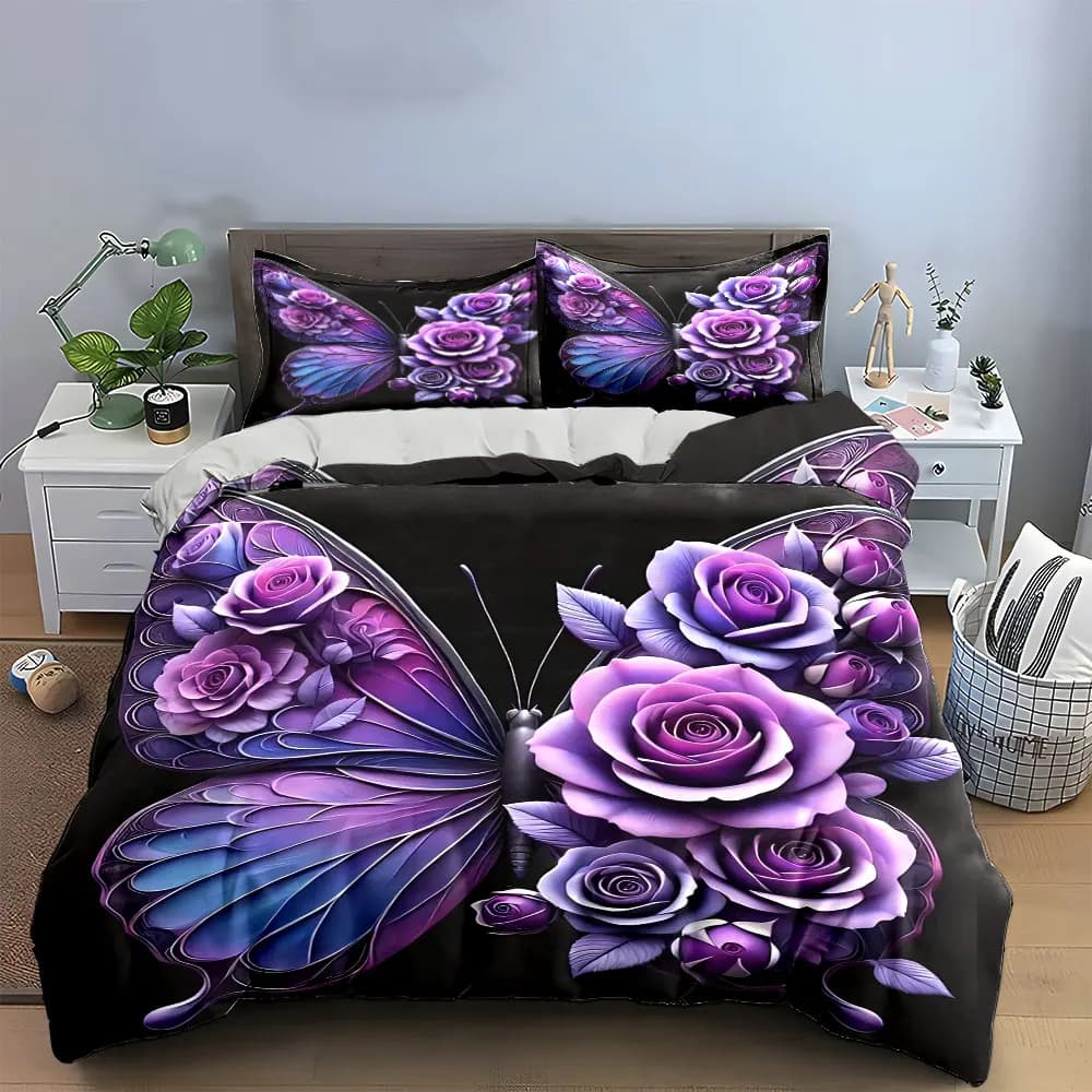 Set di biancheria da letto con decorazioni floreali a forma di farfalla, con 1 copripiumino, 2 federe, singolo, matrimoniale, king, queen, regalo