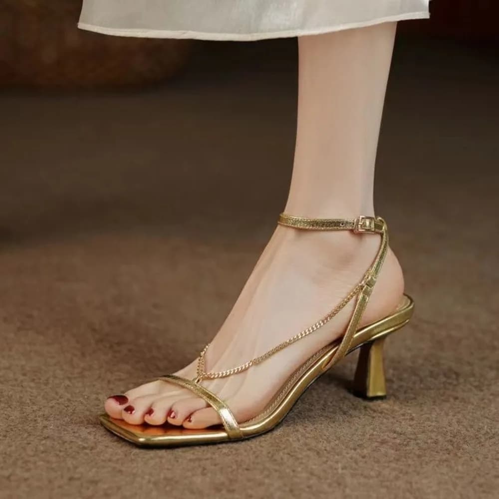 Sandali da Donna Dorati alla Moda, Stiletti Open Toe, Sandali con Catena Open Toe
