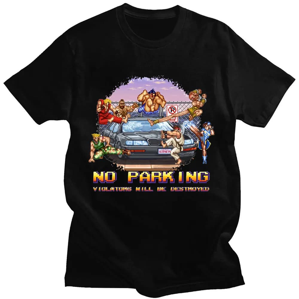 No Parking Violators Will Be Destroyed Street Fighter T Shirt Arcade Games Tees Oversized Casual Cotton Short Sleeve