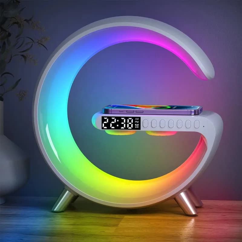 Lampada da Notte a LED a Forma di G con Caricatore Wireless e Sveglia Intelligente per Altoparlanti Bluetooth, Lampada da Tavolo per Camera da Letto