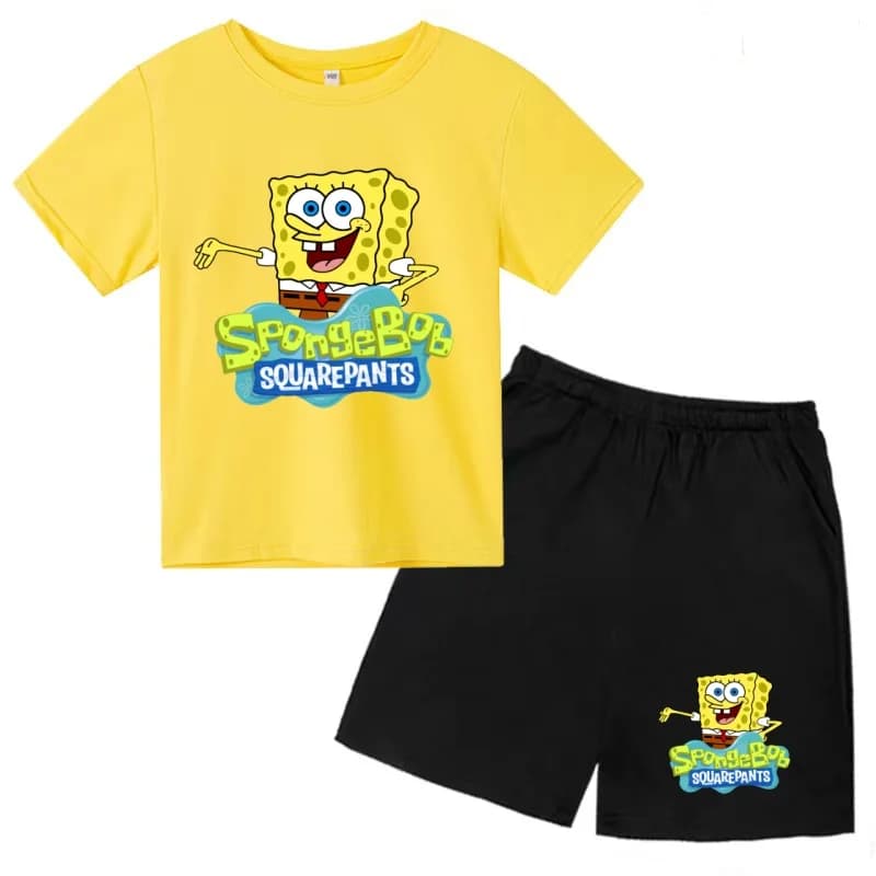 T-shirt estiva per bambini con scollo rotondo SpongeBob 3-12 anni, abbigliamento a maniche corte, top + pantaloncini, set sportivo casual in due pezzi per ragazzo e ragazza