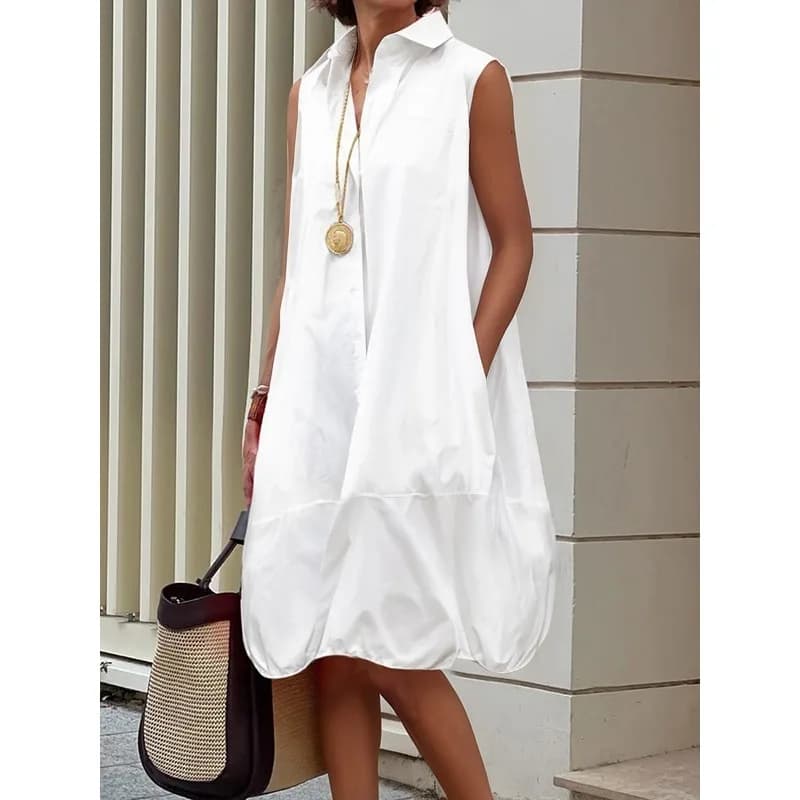 100% cotone classico abito bianco donna 2026 primavera estate nuovo risvolto manica pulsante pendolarismo casual tasche da donna abiti 177615