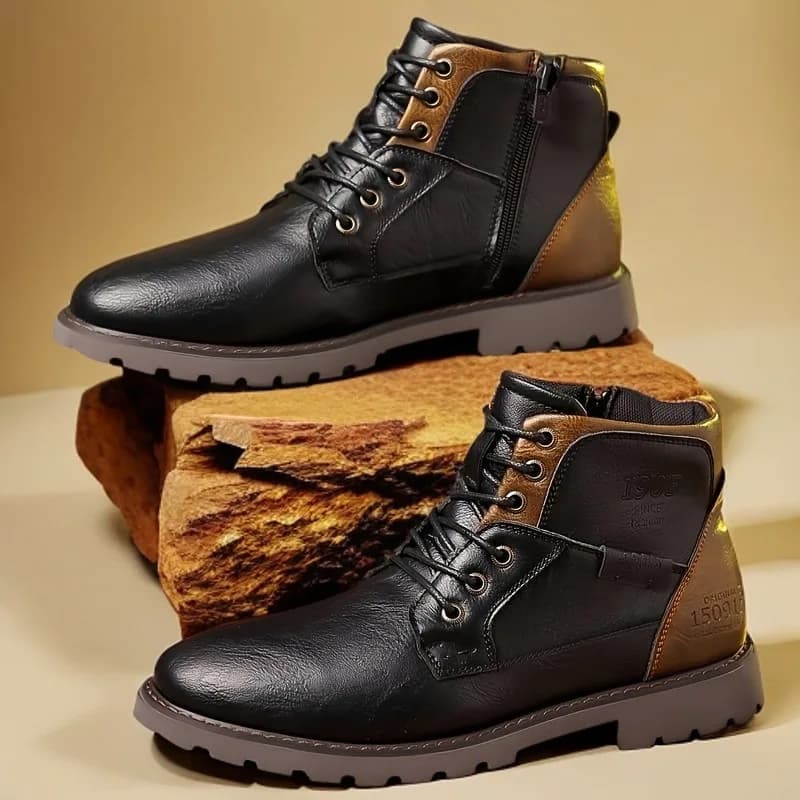Leather Men Ankle Boots Plus Size High Top Shoes Outdoor Work Casual Shoes Motorcycle Military Combat Boots Fashion Autumn Brown
