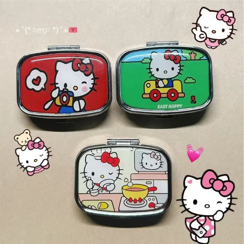 Anime Sanrio Hello Kitty Scatola portaoggetti in metallo Portapillole compartimentato Carino cartone animato Mini portagioie Contenitore per caramelle Kawaii