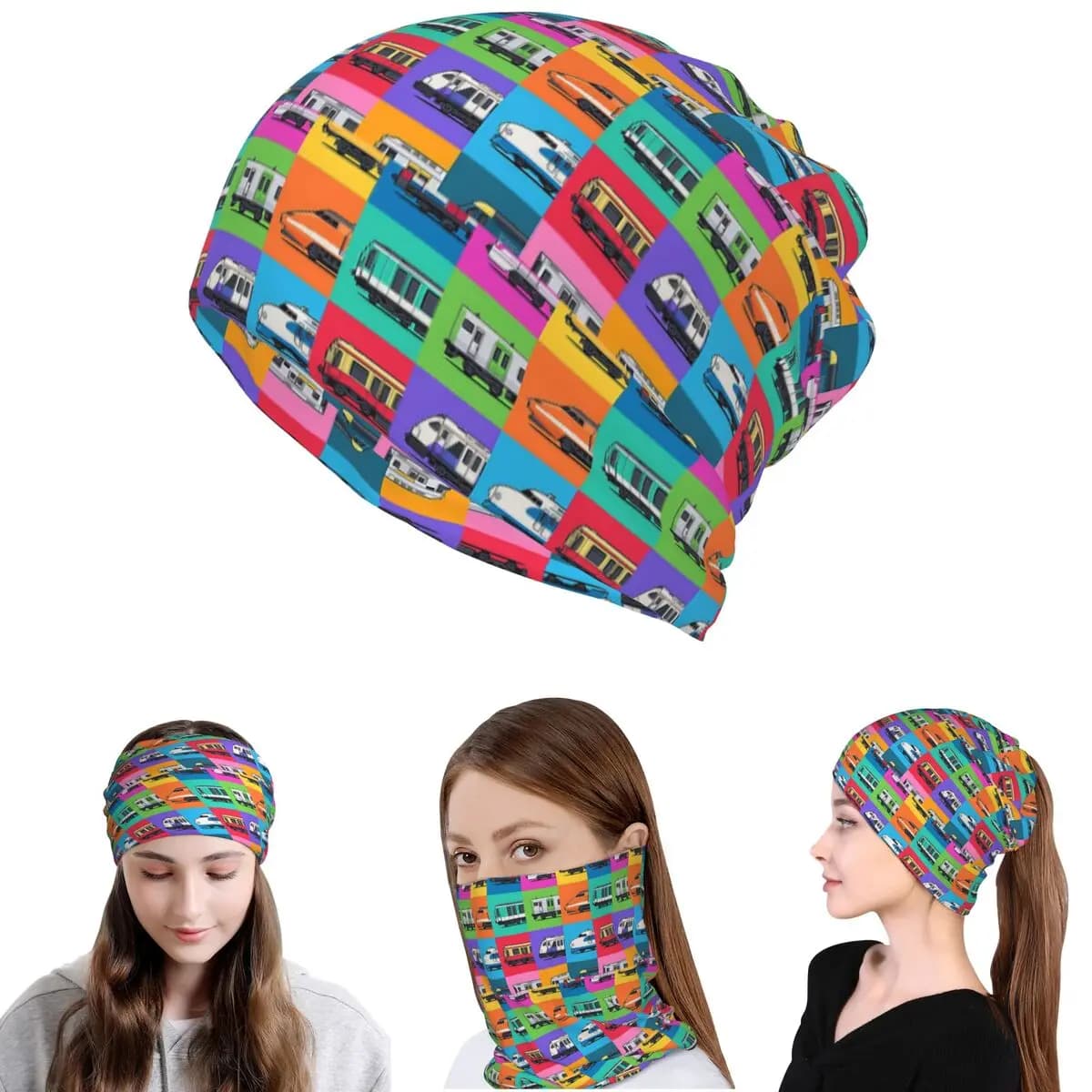 World Trains Grid Pattern Bandana Neck Gaiter Wrap Scarf Warm Balaclava Beanies Hat Unisex Adult Windproof