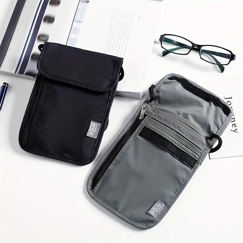 1 Borsa Impermeabile in Nylon RFID per Documenti di Viaggio, Portadocumenti da Collo per Carte, Passaporti e Denaro
