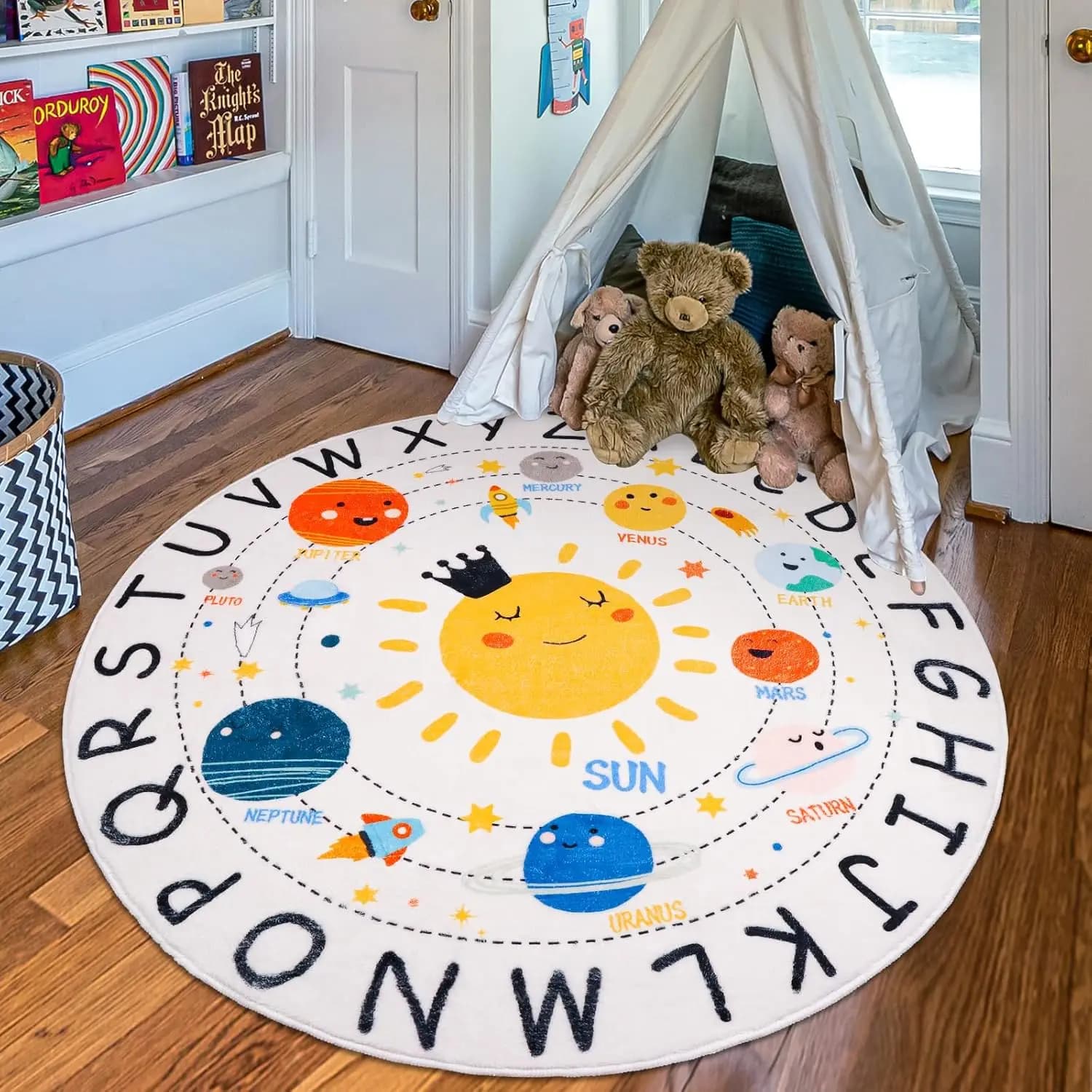 ABC Round Play Mat Educational Solar System Alphabet & Planets Design for Toddlers Kids' Play Rug for Early Learning & Crawling