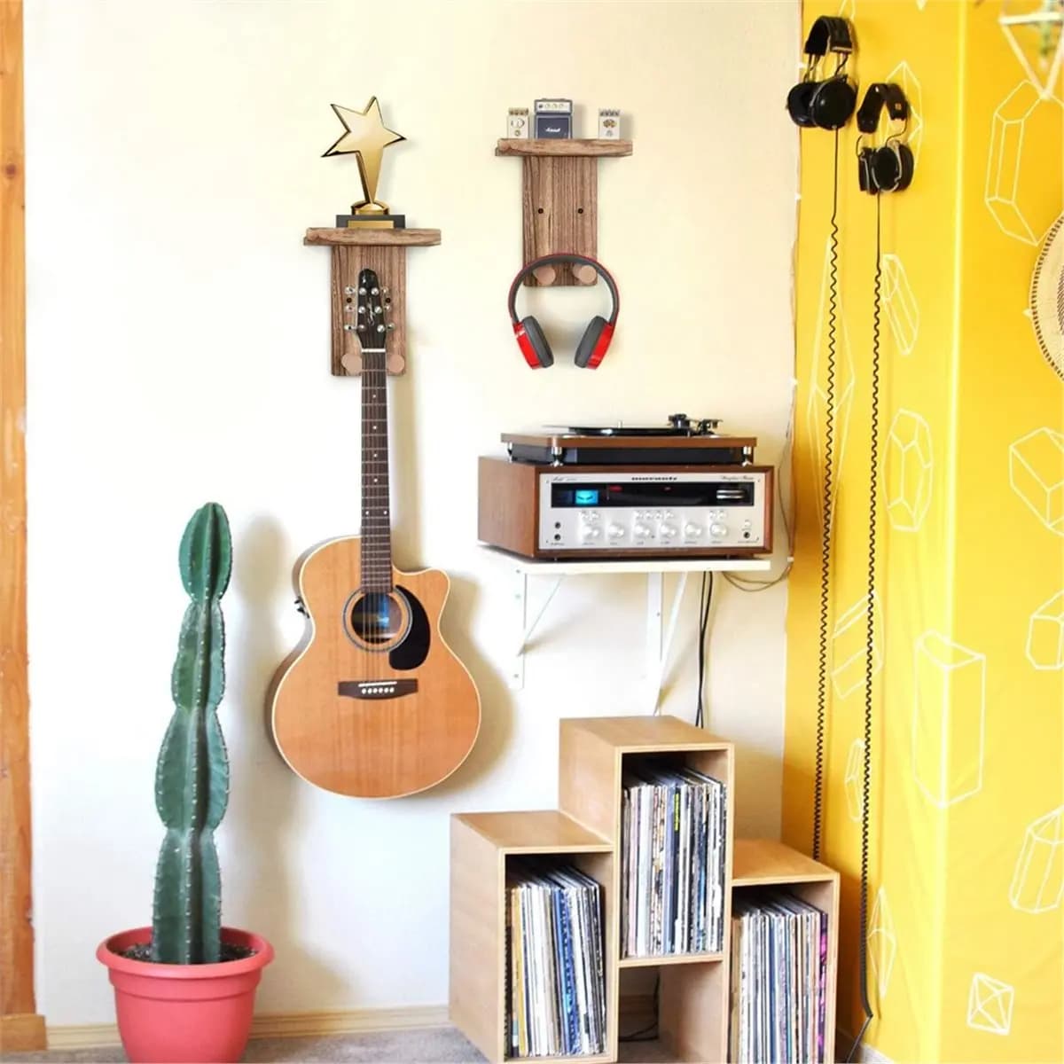 (ABYM) 2pcs Guitar Wall Mount Hanger with Shelf & Pick Holder - Wood Wall Hook for Acoustic, Electric, Guitars, Ukulele