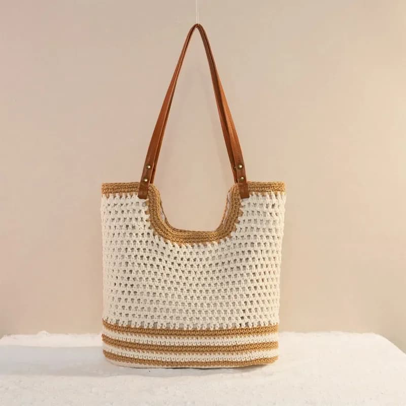 Women's large-capacity hand-woven straw tote bag made of contrasting cotton thread for casual wear beach vacation and daily