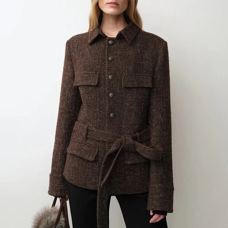 Waist shirt-style jacket wool old money tweed belt multi-pocket thin short women's autumn old money style