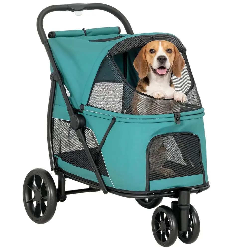 Passeggino per animali domestici per tutti i terreni a doppio ingresso, per cani e gatti di taglia piccola e media, fino a 20 kg, con rete traspirante e cuscino lavabile, verde