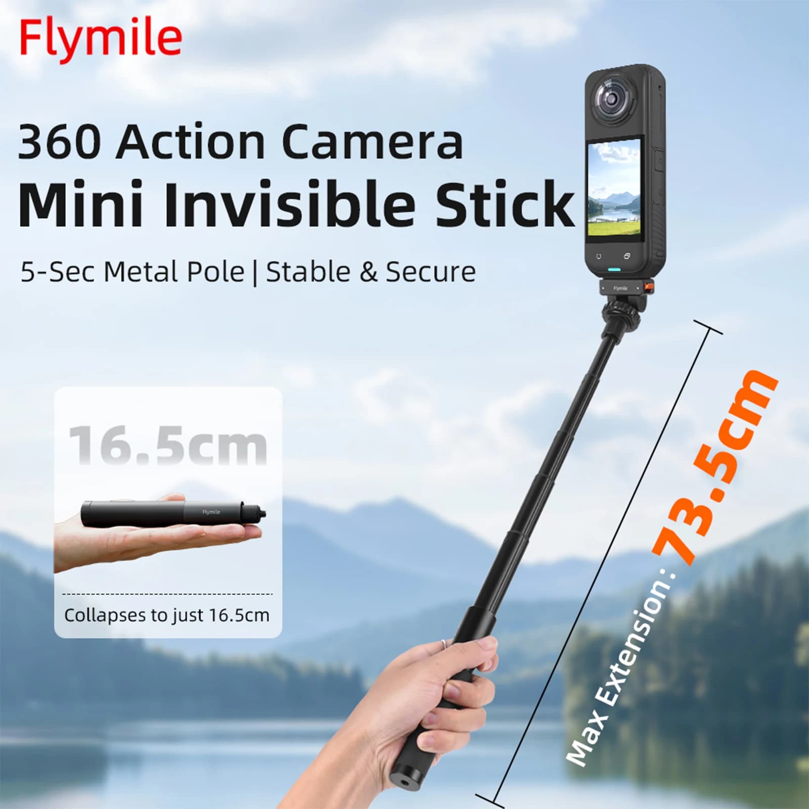 Asta Selfie in Lega di Alluminio con Impugnatura Estensibile per Fotocamere Action Insta360 Go Ultra/X5/Pocket 3 - Accessori