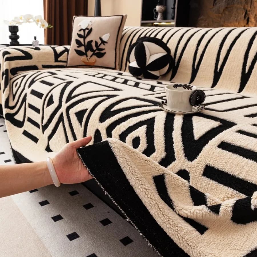 1pc Bohemian Jacquard Warm Tuffed Fleece Sofa Towel, Boho Style Soft Leiusre Thick Blanket for Living Room Couch Sofa Cover