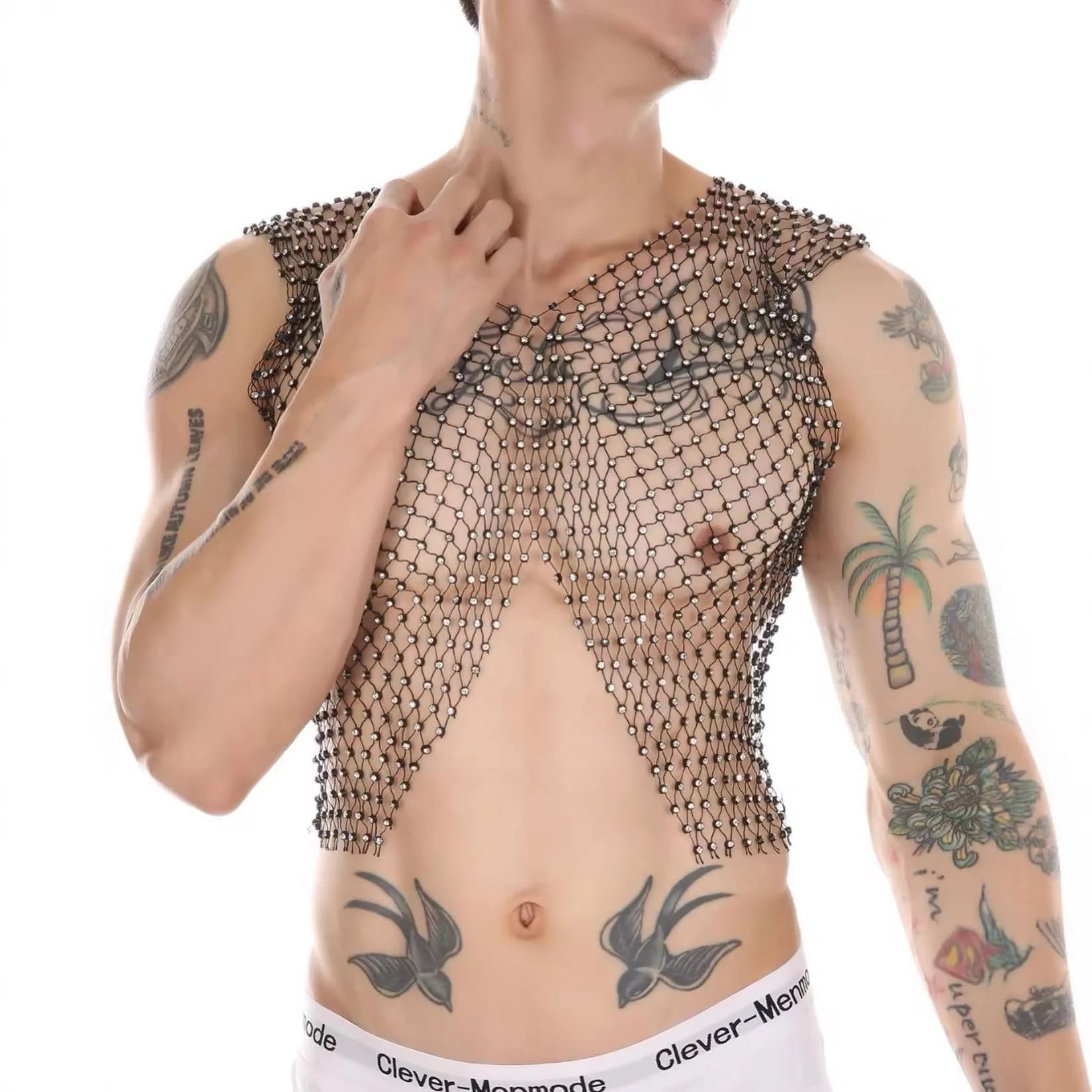 Gilet da uomo L7763Y per festival, con rete a diamante grande e brillante, nero, per feste e vacanze