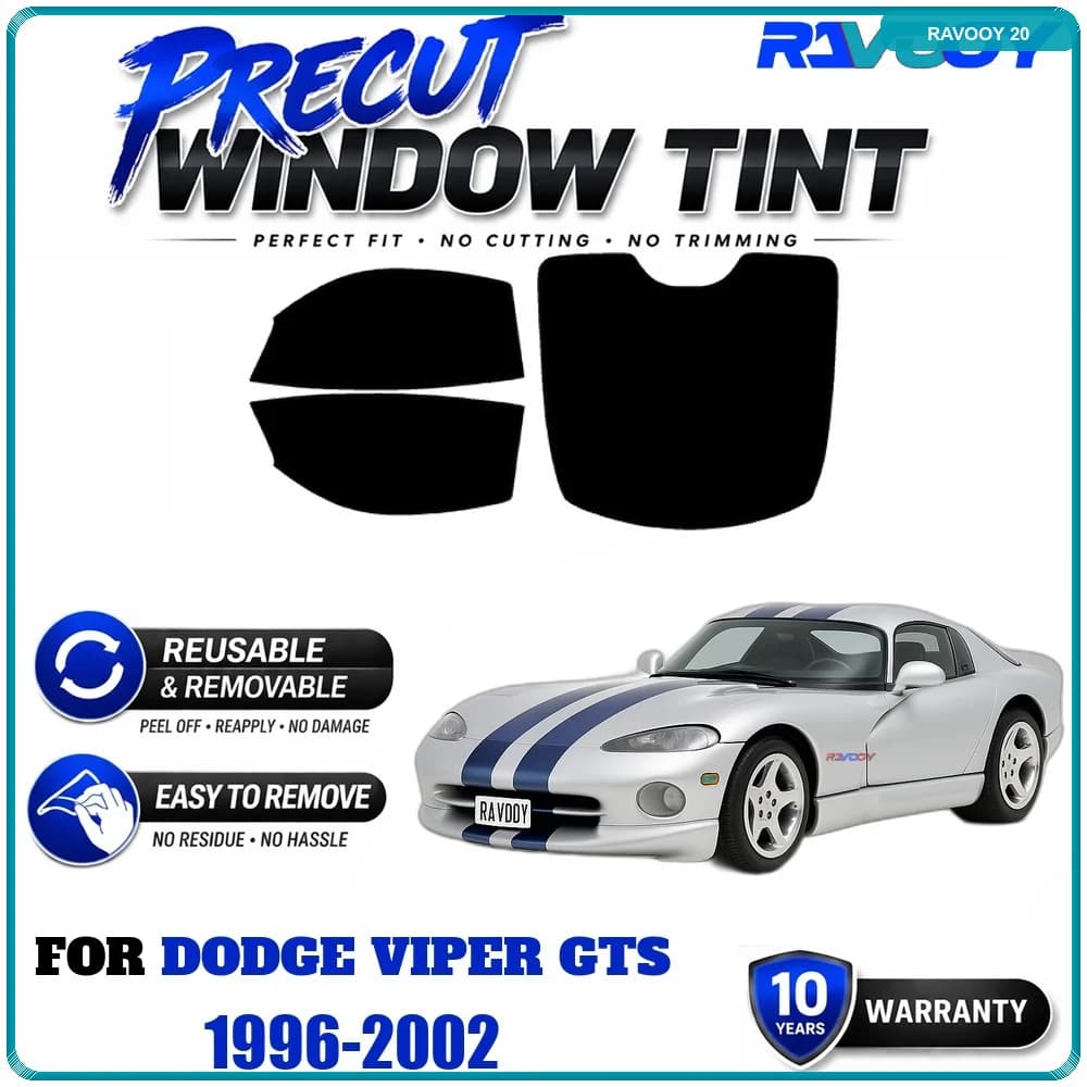 RAVOOY Precut Window Tint, Reusable Removable EPU Film, Custom Fit for Dodge Viper GTS 1996-2002, UV Heat Protection
