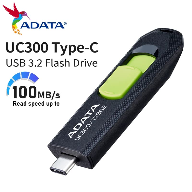 ADATA UC300 Mobile USB Flash Drive, Type-C interface, retractable design, compatible with tablets, desktops and laptops.