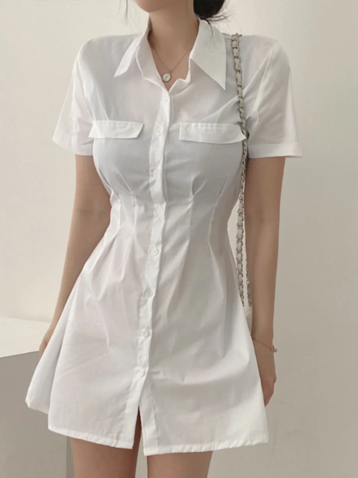 Chic Summer Fashion Slim Fit Shirt Dress Women's High Waist Single Button Short A-Line Skirt Korean Style Pure Color Commute