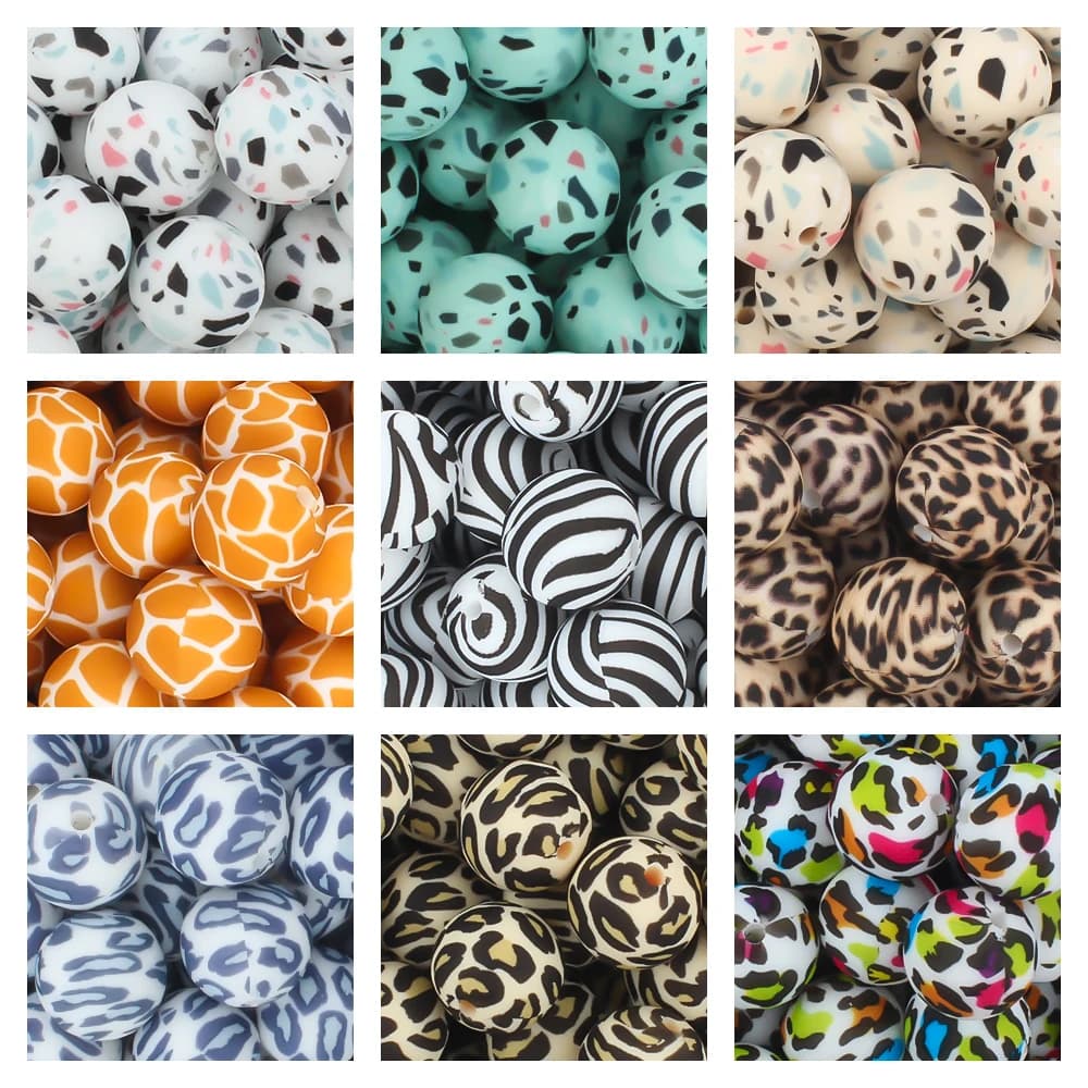 10/20 pz Perline di Silicone Rotonde 15mm 12mm Stampato Stampa Leopardo Perline di Silicone per la Produzione di Gioielli FAI DA TE Clip catena Portachiavi braccialetto