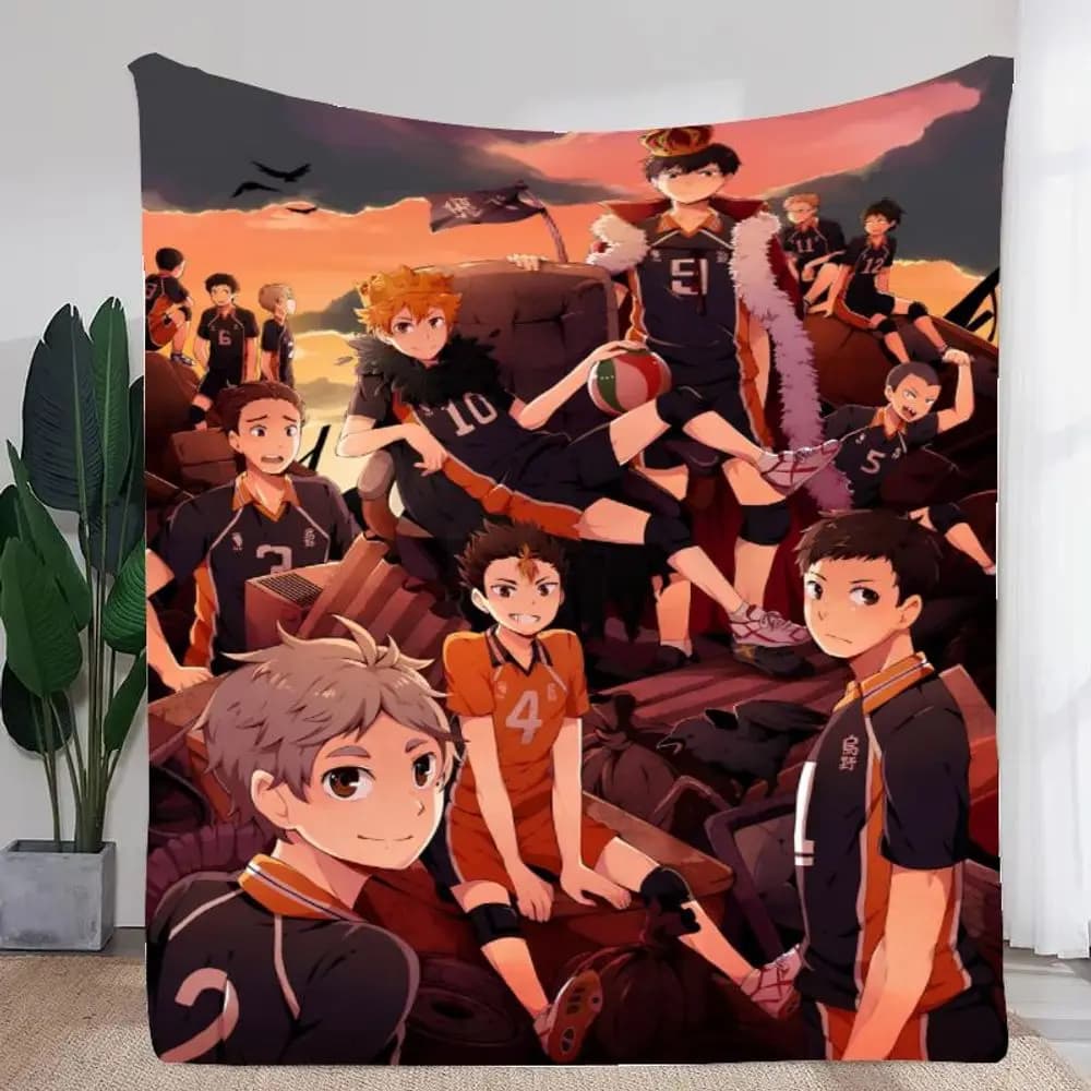 Haikyuu!! anime volleyball team cover - Vibrant sunset scene with dynamic characters in black and orange uniforms, perfect for