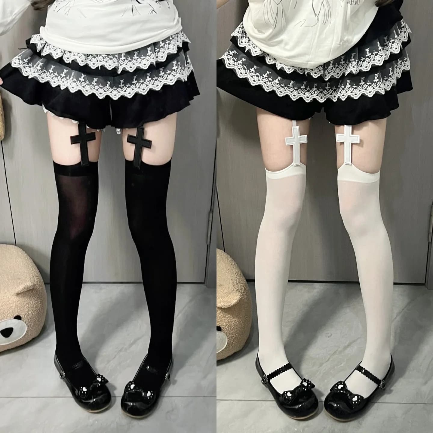 Women's Gothic Socks with Braids, High Lolita Socks with Garters, Punk Style in Velvet Y2k, Ginocchio Socks and High Socks