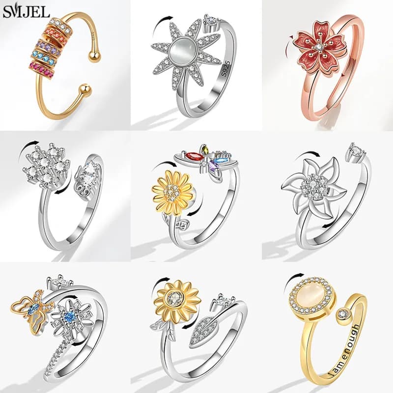 Anelli Antistress Girevoli da Donna Color Oro Rosa con Fiori di Ciliegio, Gioielli Girevoli Liberamente, Anello da Dito in Metallo a Girasole, Anillos