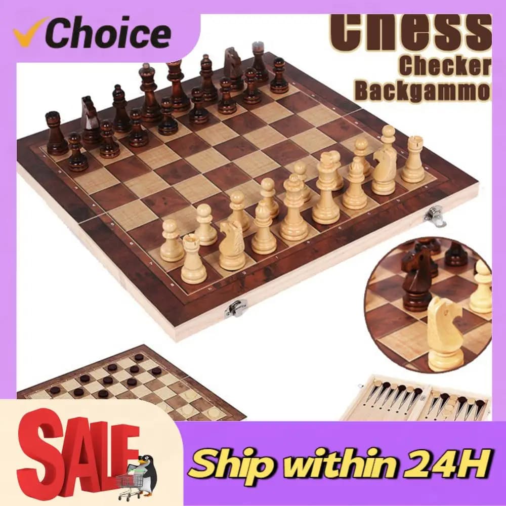 3 in 1 Chess Game Board Folding Storage Wooden Chess Board Sets Chess and Checkers Game Set Travel Chess Sets