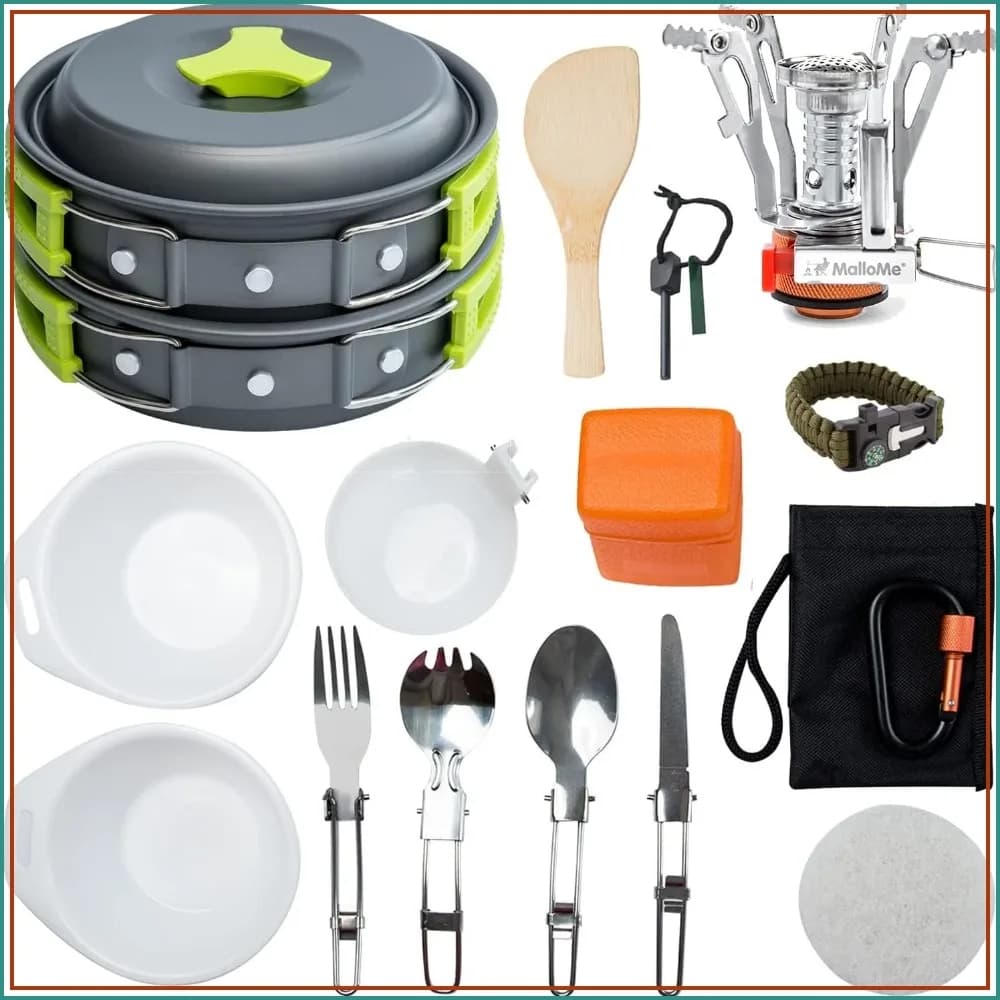 18pc Camping Cookware Mess Kit with Backpacking Stove – Lightweight Camping Cooking Set for Backpacking, Hiking, Picnic