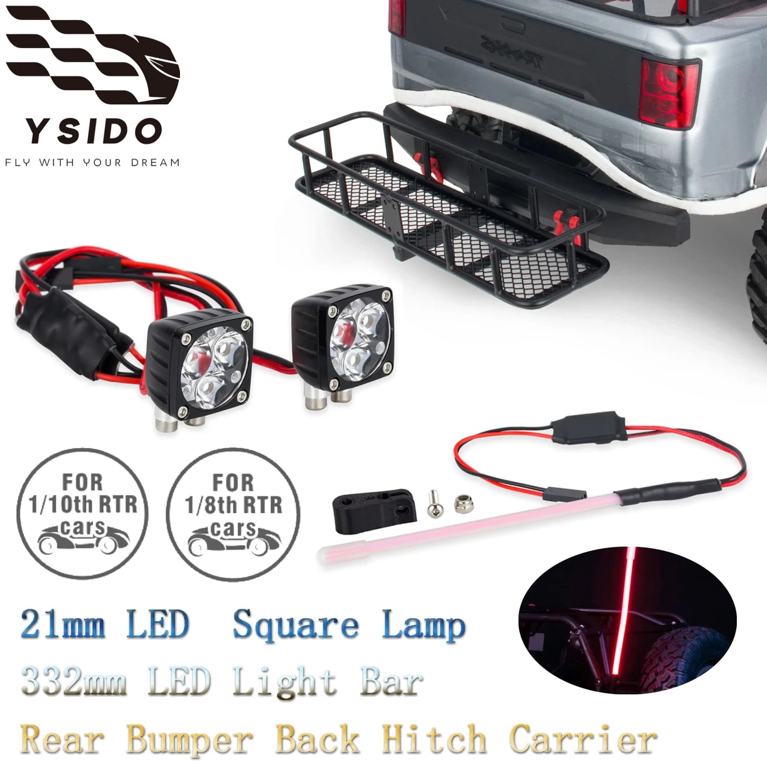 YSIDO RC Car Part 21mm LED Light Bar Square Lamp Rear Bumper Back Hitch Carrier for 1:8 1:10 Axial SCX10 TRX4 TRX6 D90 Traxxas