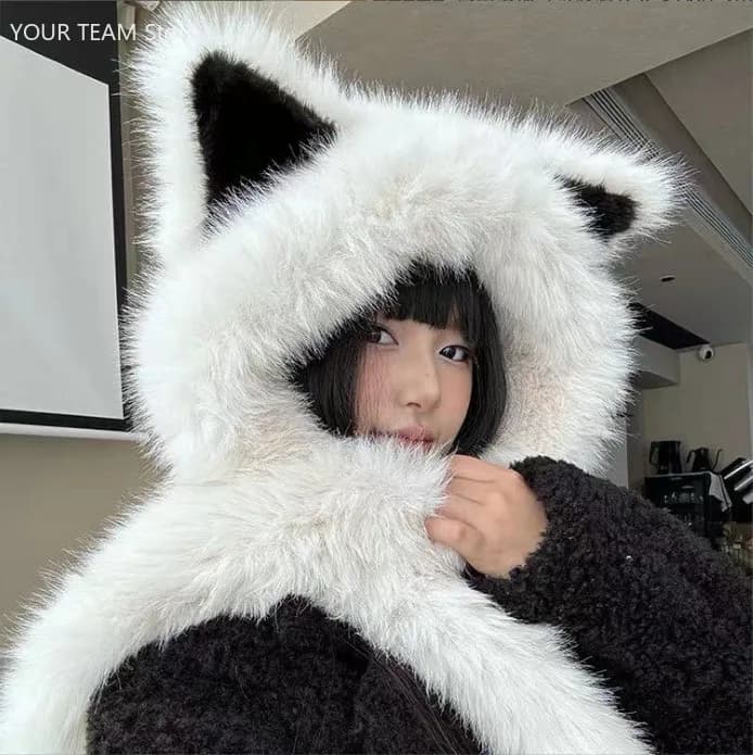 Women's New Winter Thickened Warm Faux Fur Fox Ear Hat Scarf Set, Cute & Stylish Hat for Cold Protection, Face - Slimming