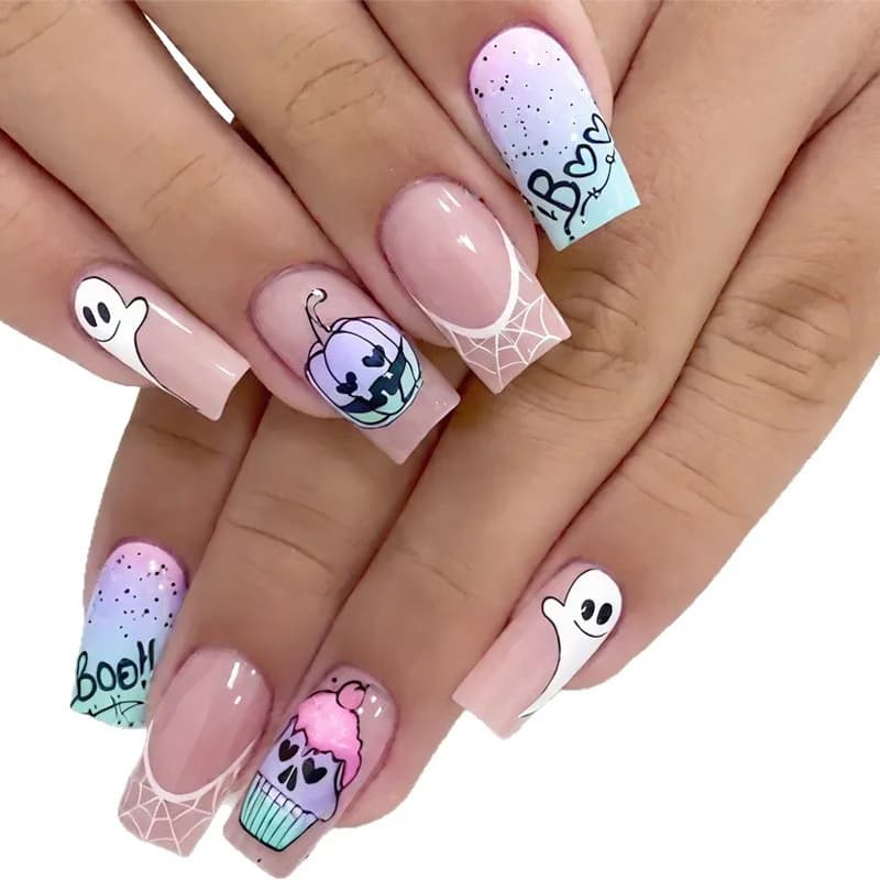 Nuova Collezione 2026: Nail Art Minimalista - Elemento Zucca di Halloween, Classico French, Unghie Quadrate di Media Lunghezza