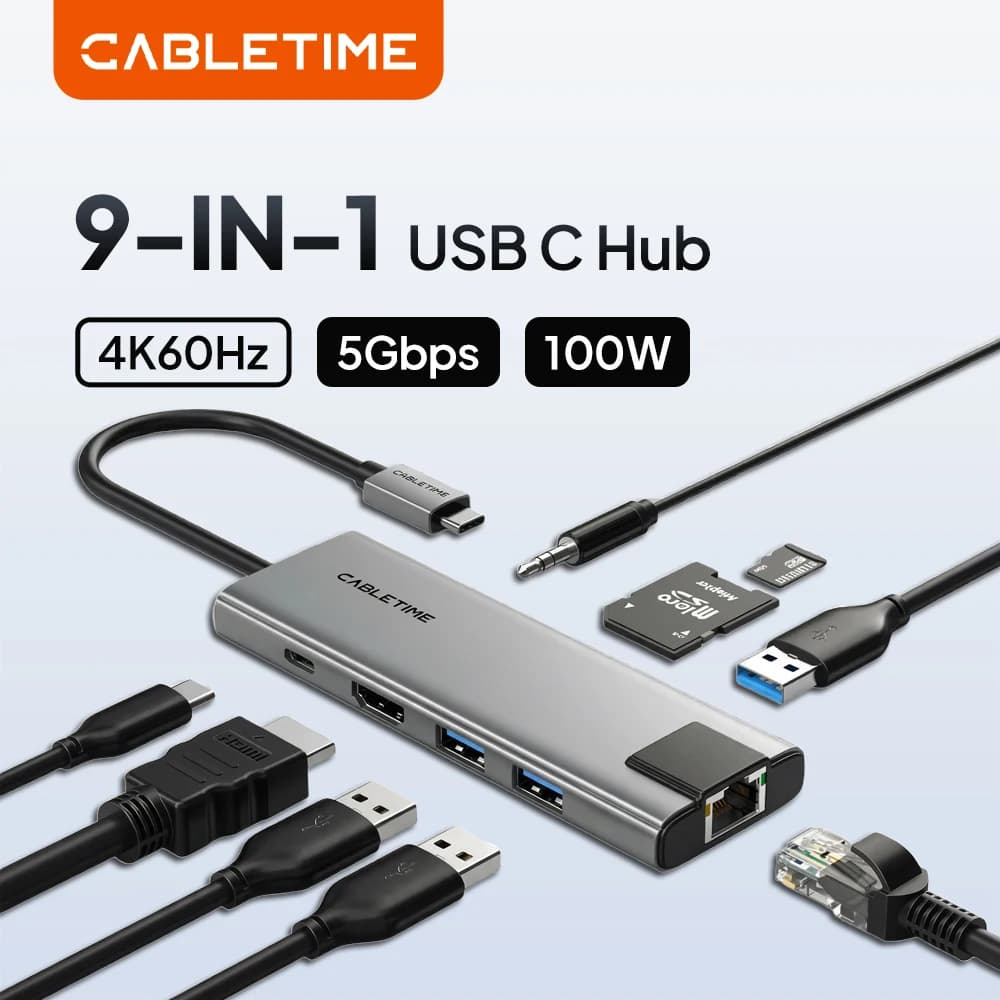 CABLETIME Hub USB C 9 in 1 Adattatore USB 3.0 Risoluzione 4K@60Hz con RJ45 HDMI Scheda SD/TF PD 100W Hub per Monitor MacBook Pro Air