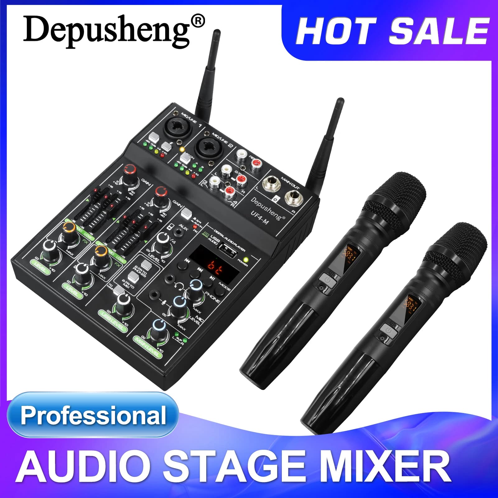 Mixer Audio a 4 Canali ad Alta Potenza con Amplificatore e Microfono, Console Digitale Depusheng UF4-M per Karaoke e Palcoscenico