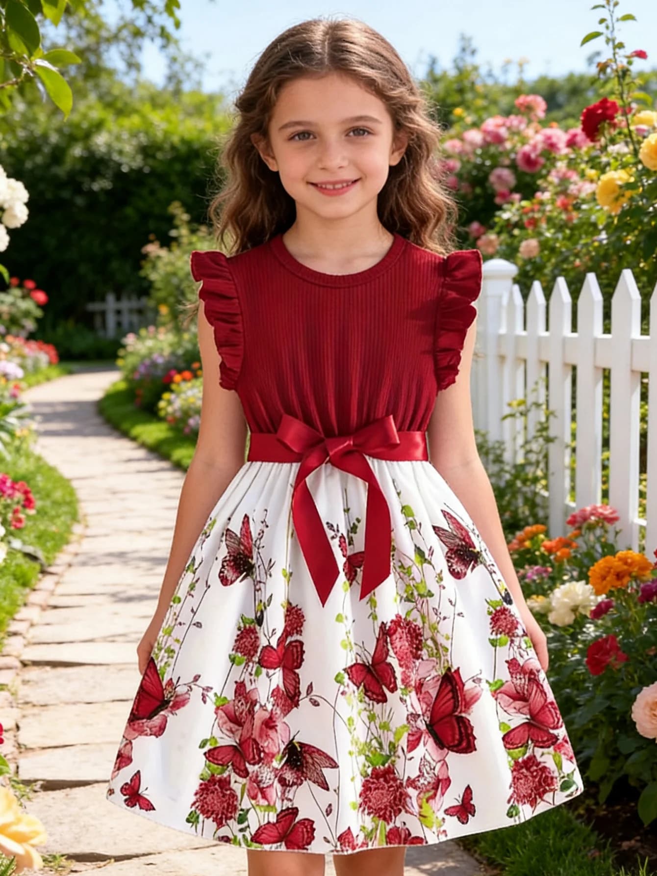 Girls' Red Butterfly Flowered Flared Dress - Sweet Princess Style - Trendy Casual Floral Birthday Formal Dress,Gift Choice