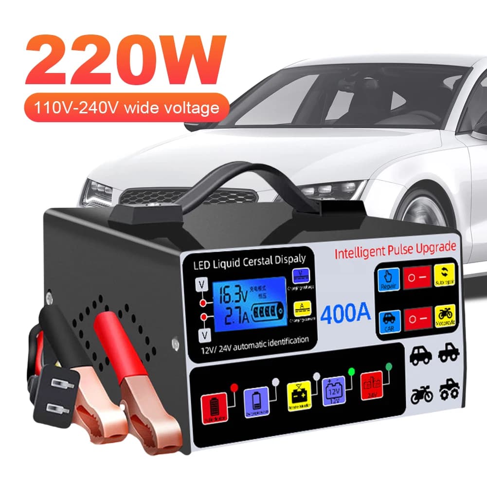 Heavy Duty Car Battery Charger 12/24V 400A Full Automatic Car Battery Charger 220W High Power Smart Pulse Repair Battery Charger