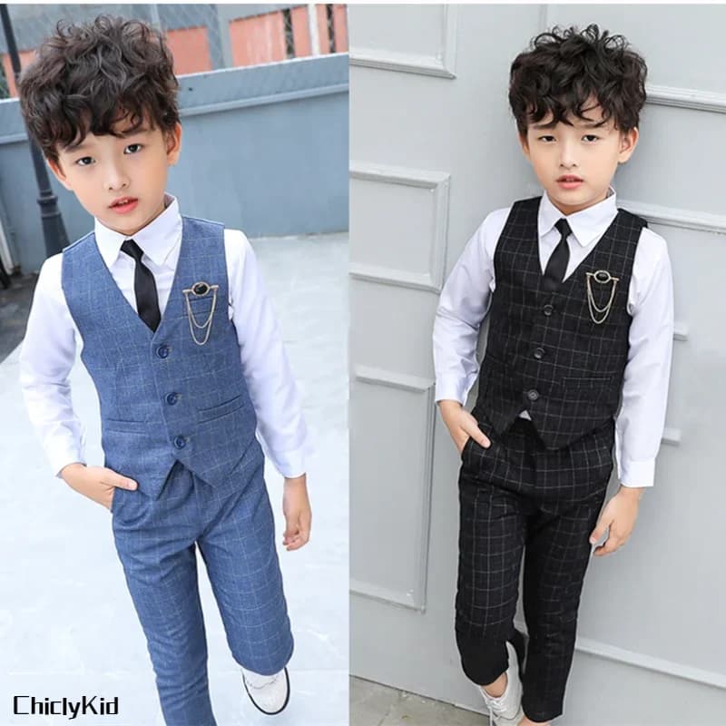 Ragazzo gilet scozzese giacca sportiva gilet per bambini set di vestiti da sposa bambino abito formale abito bambino spilla camicia pantalone bambino gentiluomini vestito