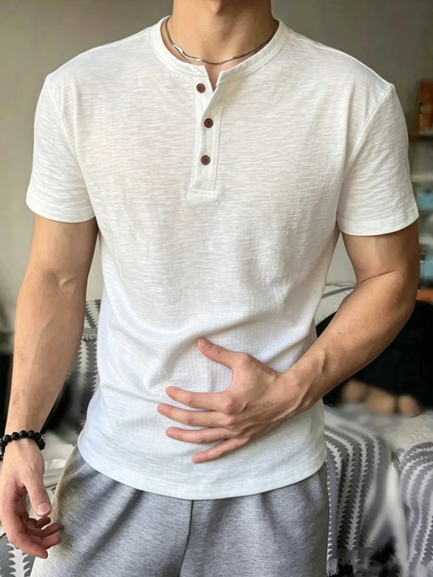 Lightweight Breathable White Bamboo Cotton Henry Collar Short Sleeve Shirt Men's Summer Fitness Sport Half Sleeve T-shirt