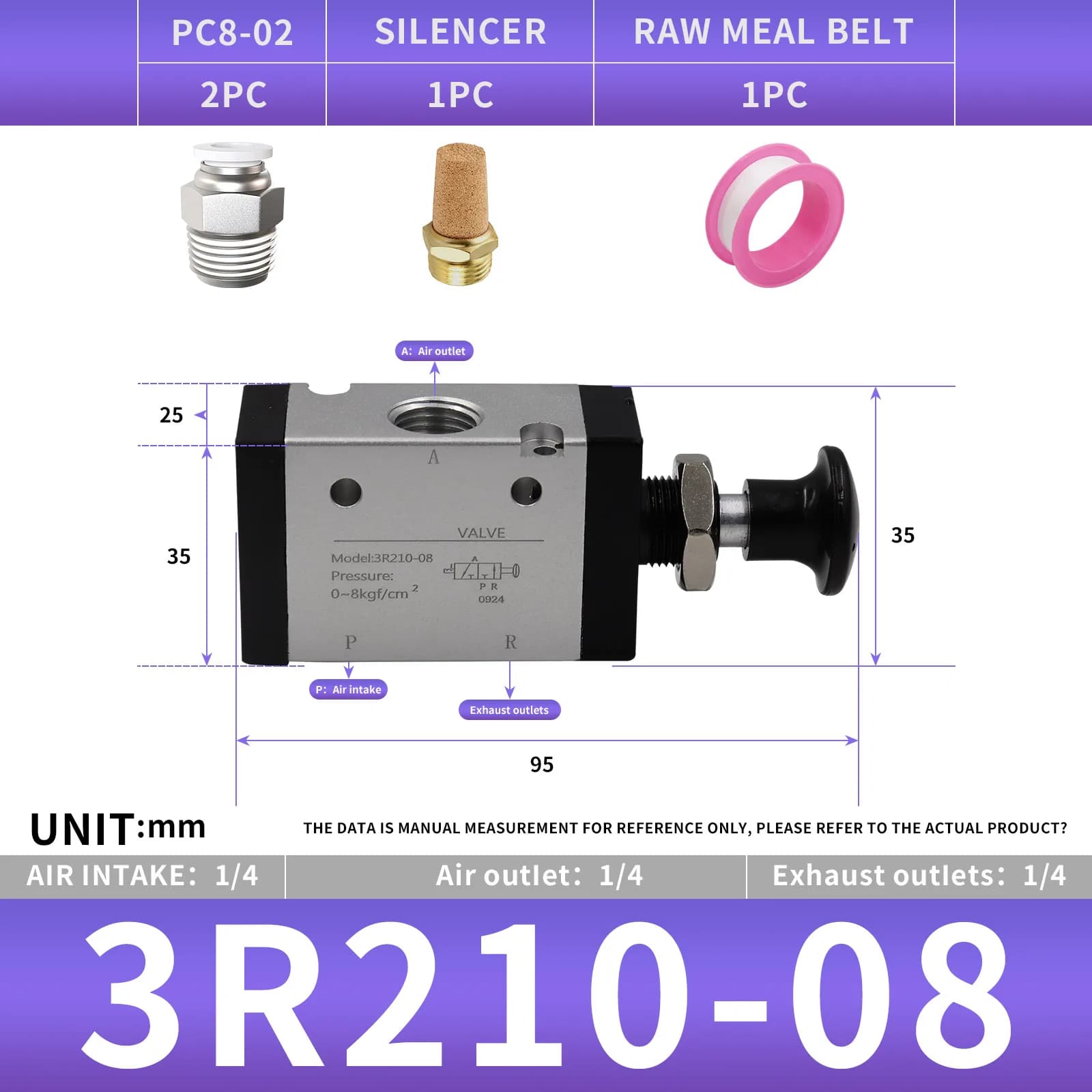 3R210-08 Valvola a comando manuale a leva manuale a 3 vie e 2 posizioni Elettrovalvola pneumatica da 1/4" Controllo manuale Push-Pull