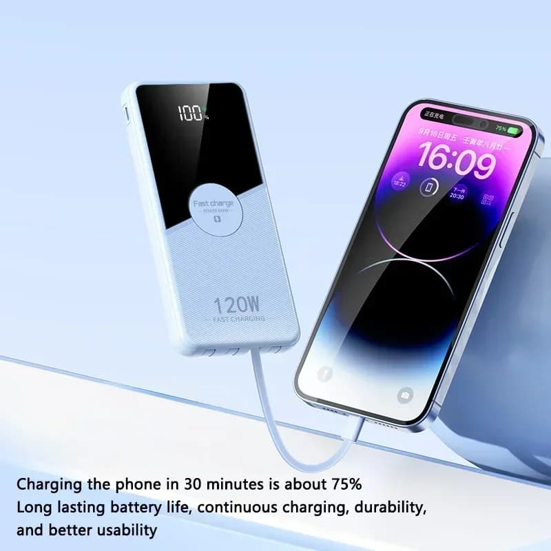 200000mAh Power Bank 66W Fast Charging Built in 4 Cables Portable Charger Large Capacity Battery for IPhone Samsung Xiaomi