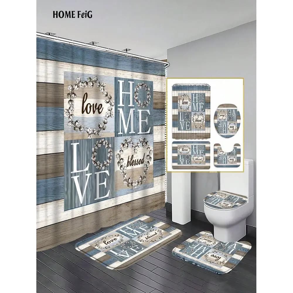 Farmhouse Home Love Shower Curtain Bathroom Set, Rustic Wood Cotton Wreath Waterproof And WearResistant Bathroom Decor And Acce