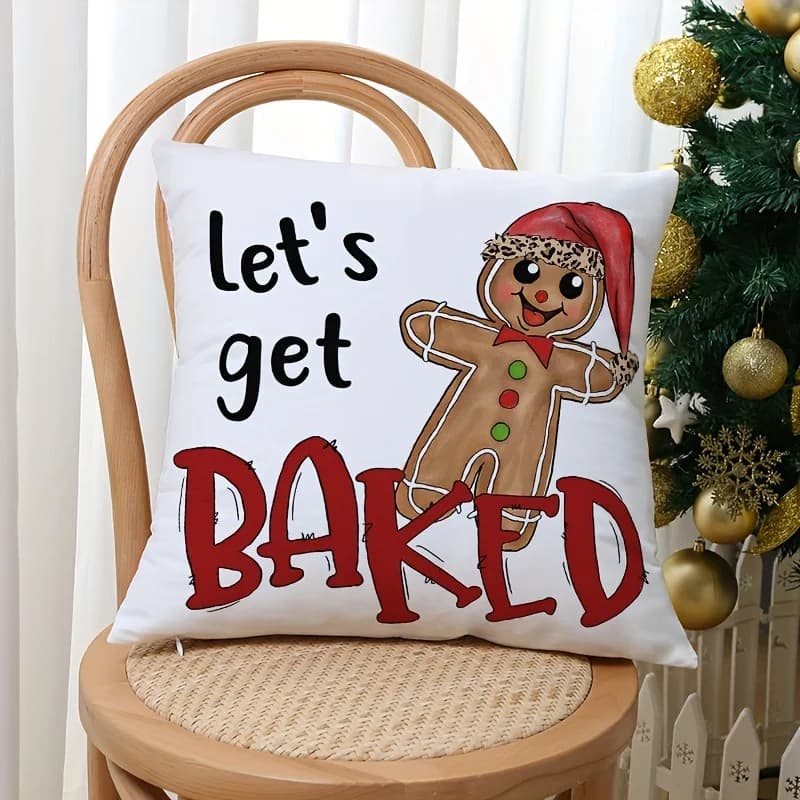 1pc 2D Flat Pillow Not Included Gingerbread Man Let's Get Baked Cushion Cover Short Plush Christmas Humor Decor Gift Case