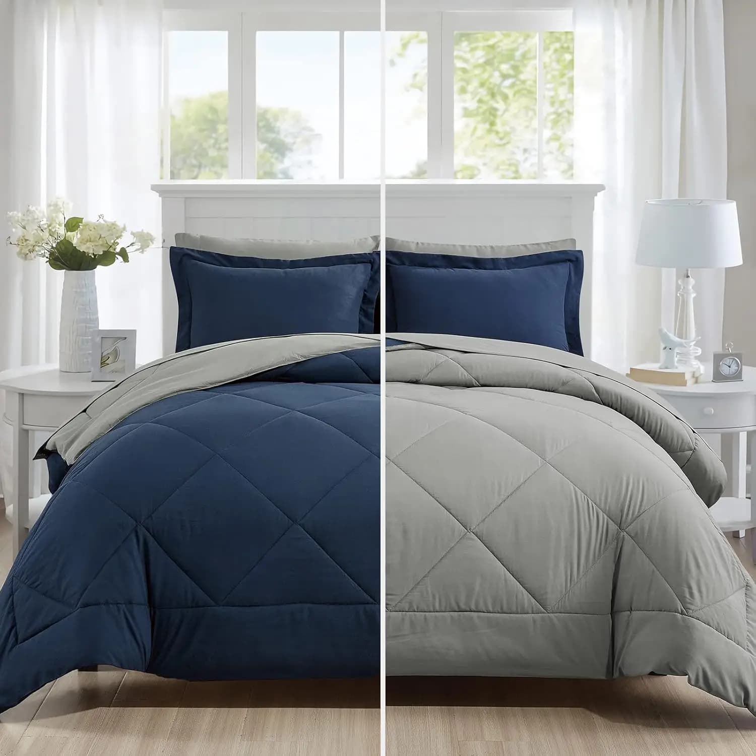 Set da 5 Pezzi per Letto Singolo in una Borsa, Piumino Reversibile Blu Navy e Grigio con Lenzuola e Federe