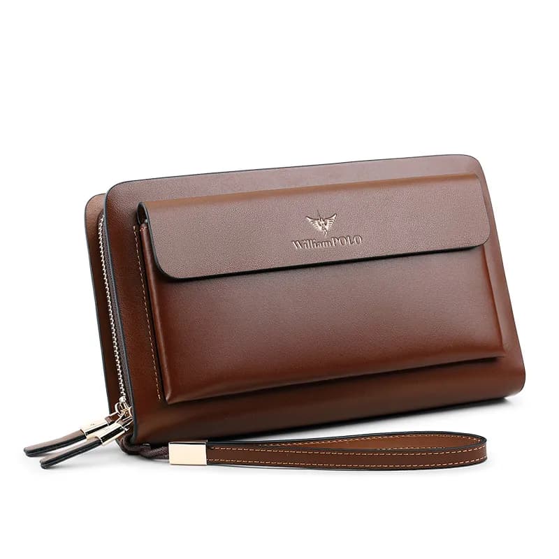 WiliamPOLO Worksheet in real leather Long wrist bag with double zipper for men High capacity cow leather phone bag