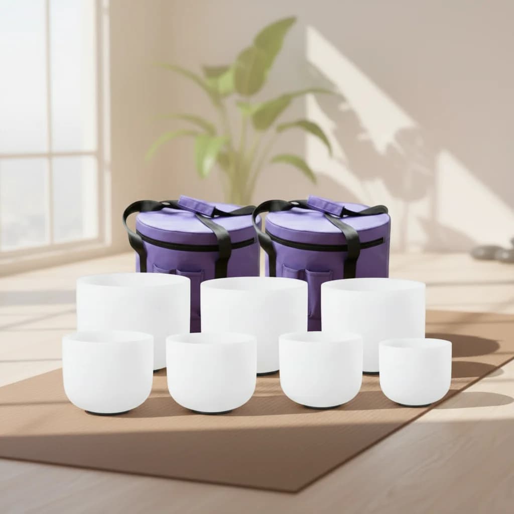 White Frosted Crystal Singing Bowl Set 6"-12" with Carry Bag Healing Crystal Sound Therapy