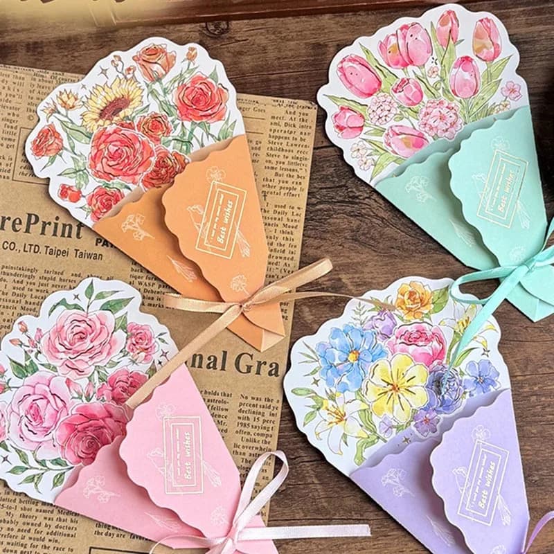 4pcs Bouquet Shaped Greeting Cards Foldable Flower Wish Note Cards with Ribbon Gift Cards for Wedding Birthday Party Invitations