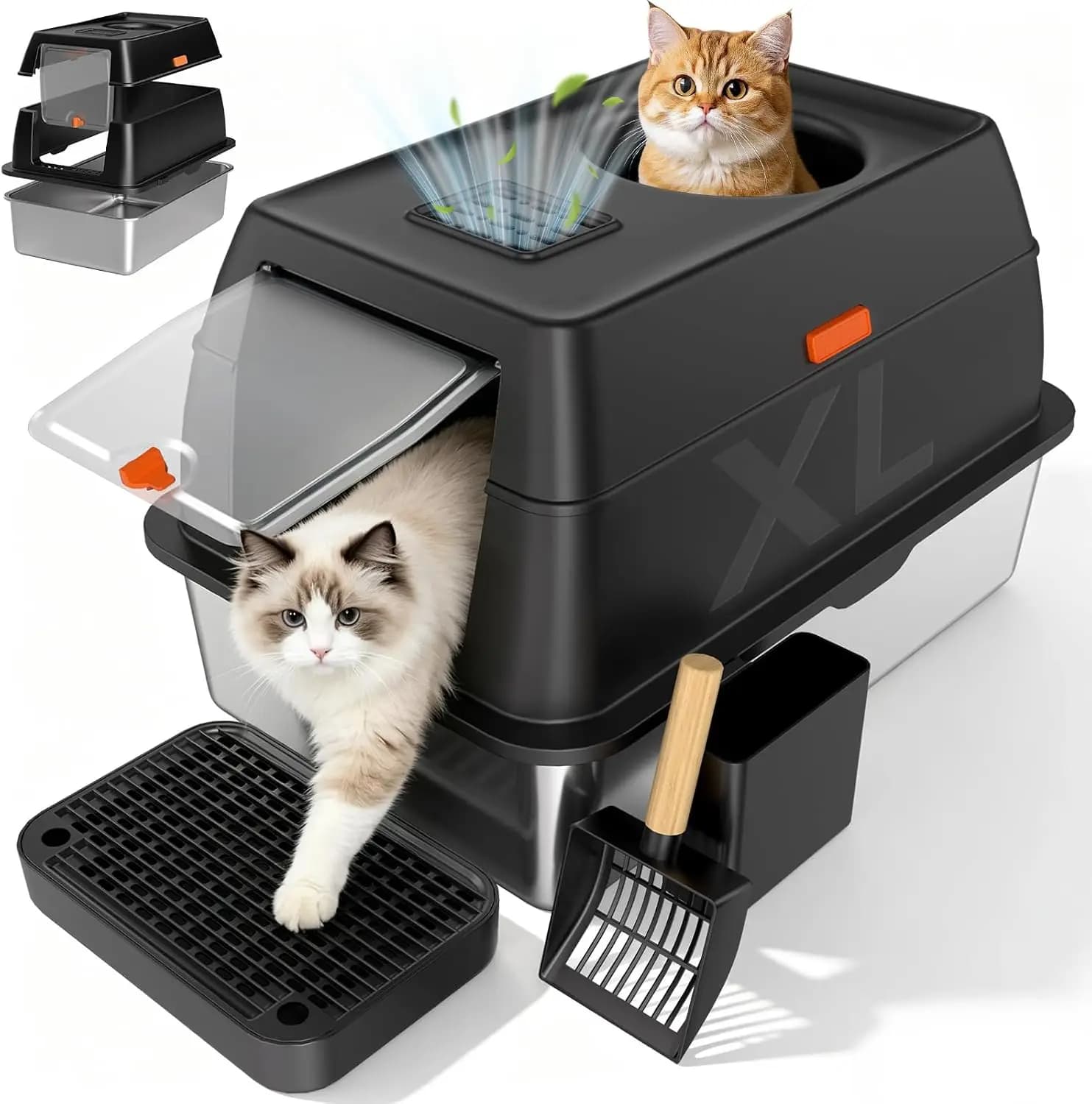 Jumbo Stainless Steel Litter Box with Lid, High Sided Enclosed Cat Pan, Dog Proof Front Entry Top Exit, Odor Control, Includes Scoop & Step, Black